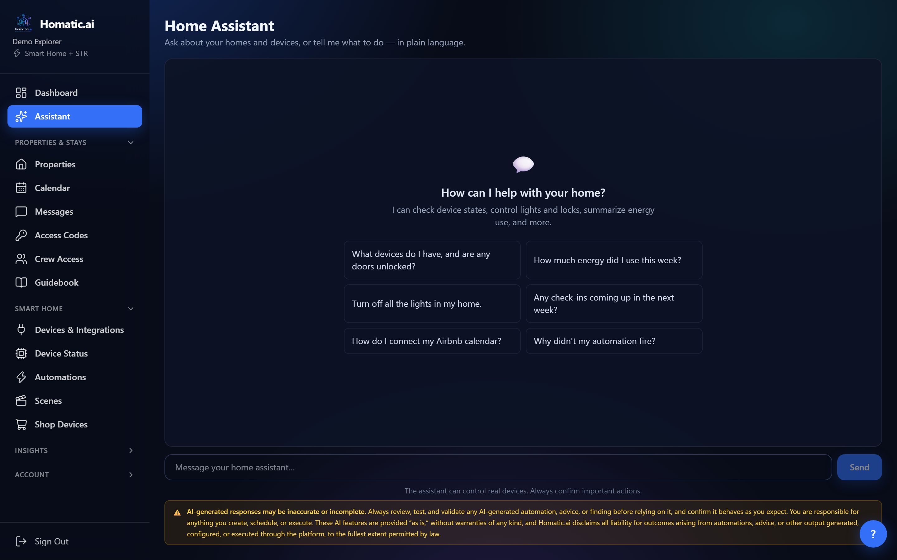 The Homatic Home Assistant chat screen with suggested starter questions