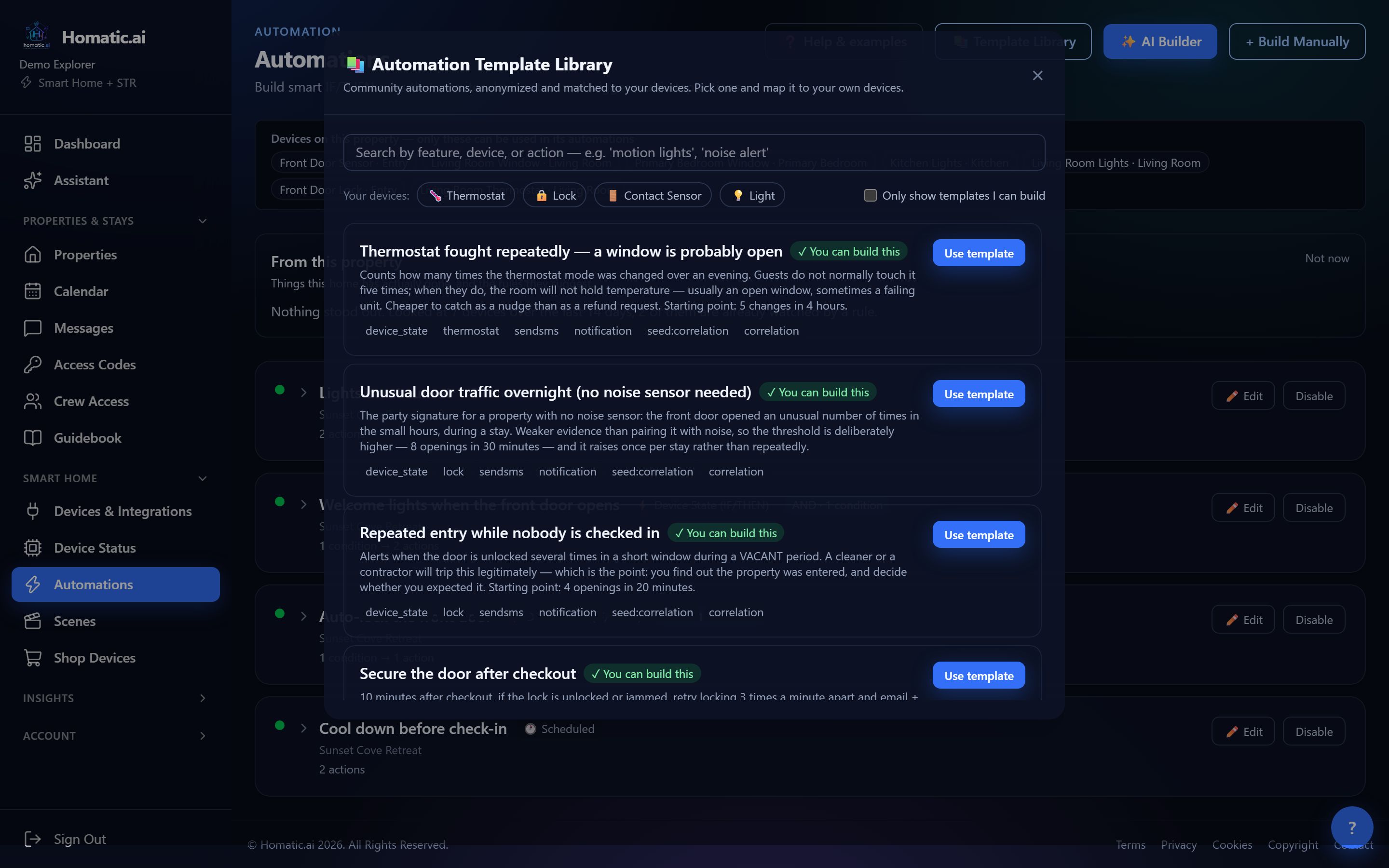 The Automation Template Library listing community templates such as Thermostat fought repeatedly, Unusual door traffic overnight and Secure the door after checkout, each marked You can build this