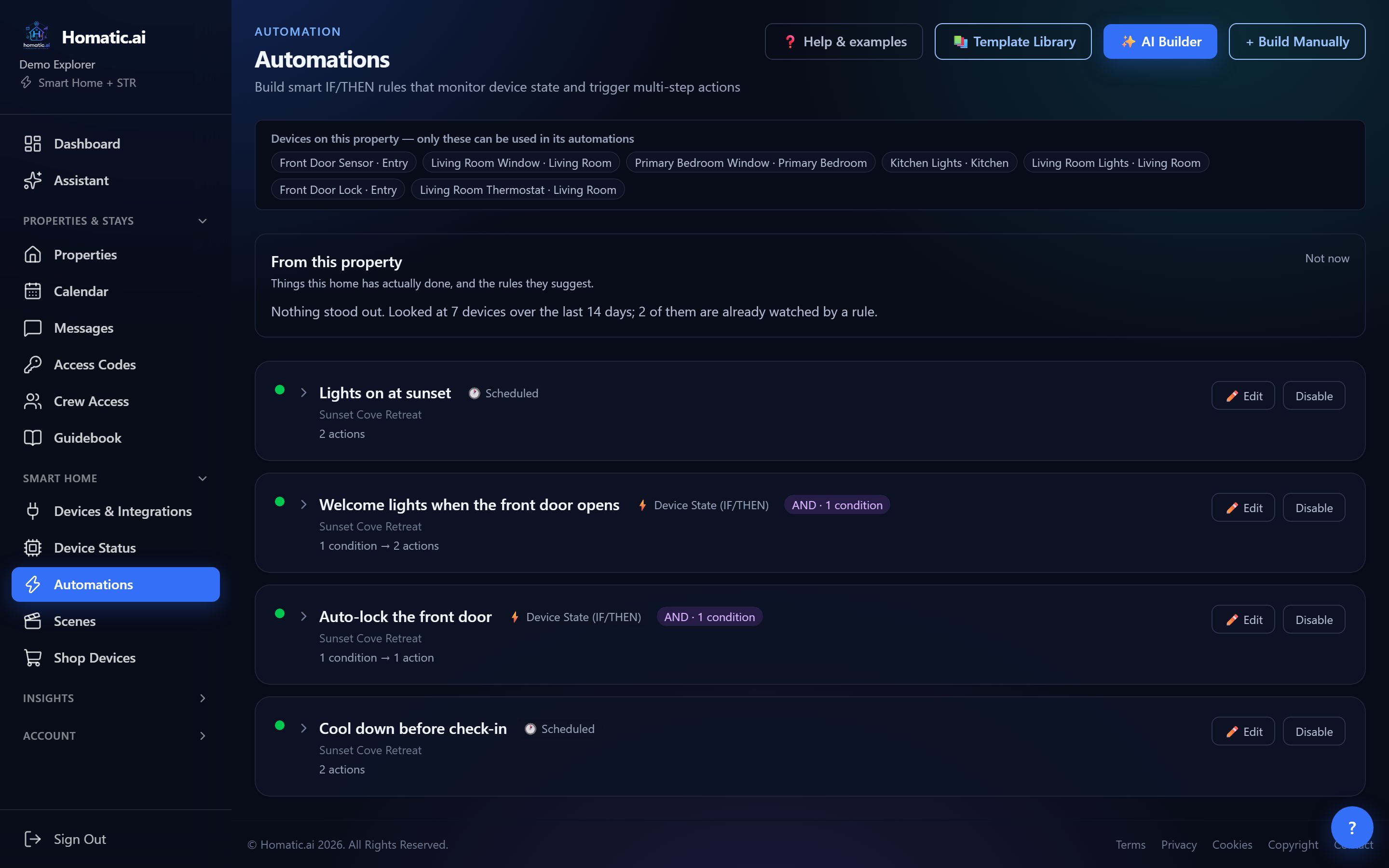 The Automations page with Help and examples, Template Library, AI Builder and Build Manually buttons, the From this property panel, and a list of rules