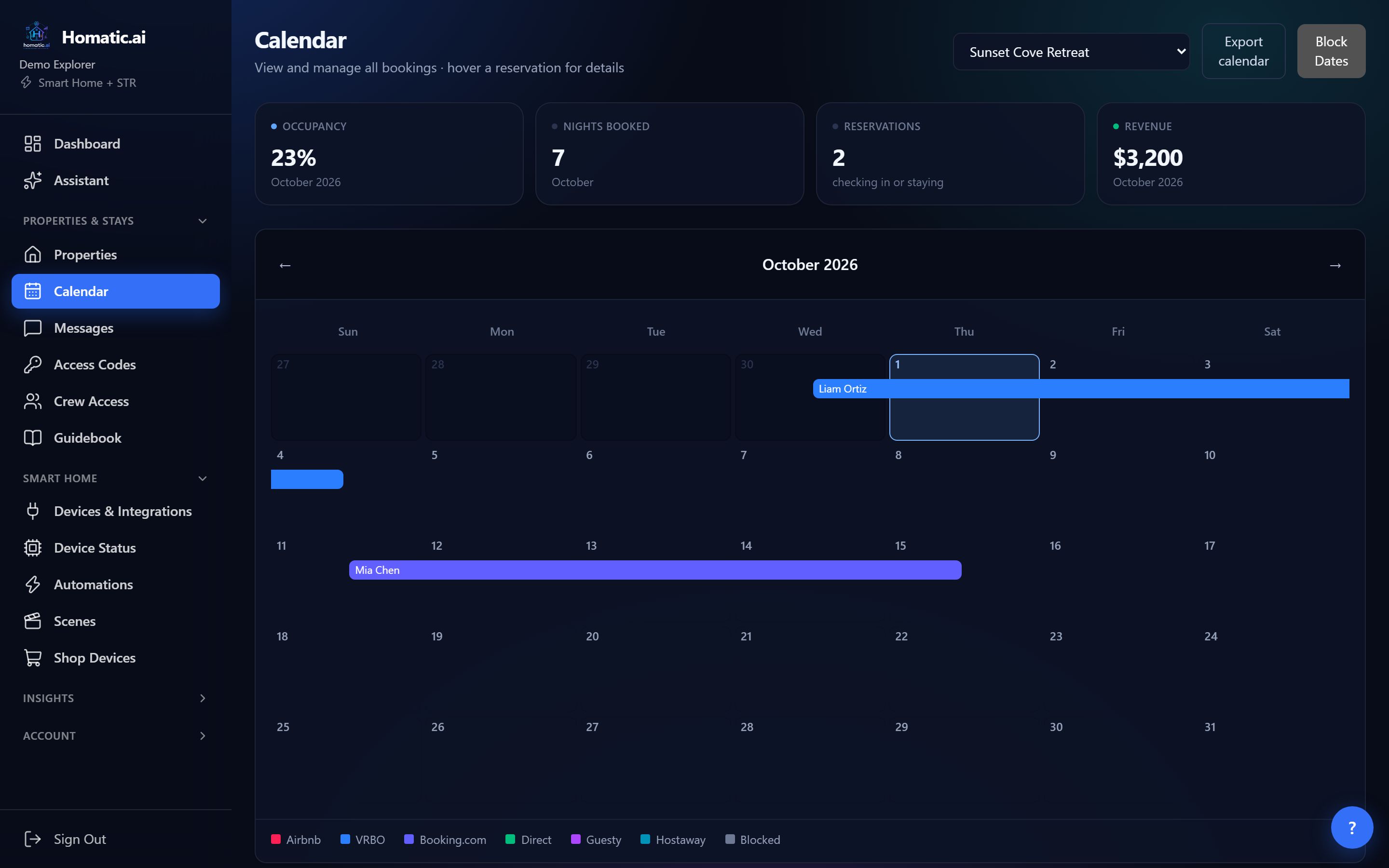 The Homatic Calendar for October showing occupancy, nights booked, reservations and revenue above a month grid with guest stays