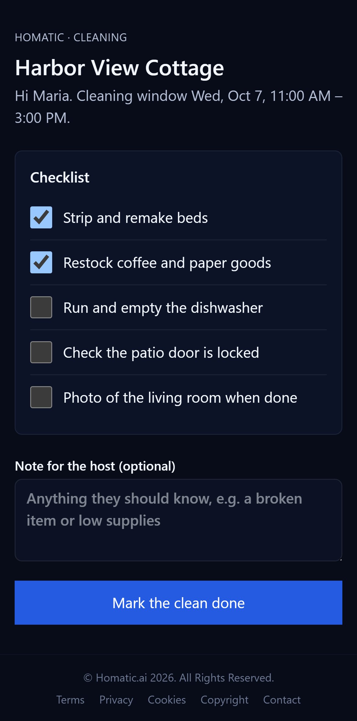 The cleaner's page on a phone: Harbor View Cottage, the cleaning window, a five-item checklist with two ticked, a note box and a Mark the clean done button