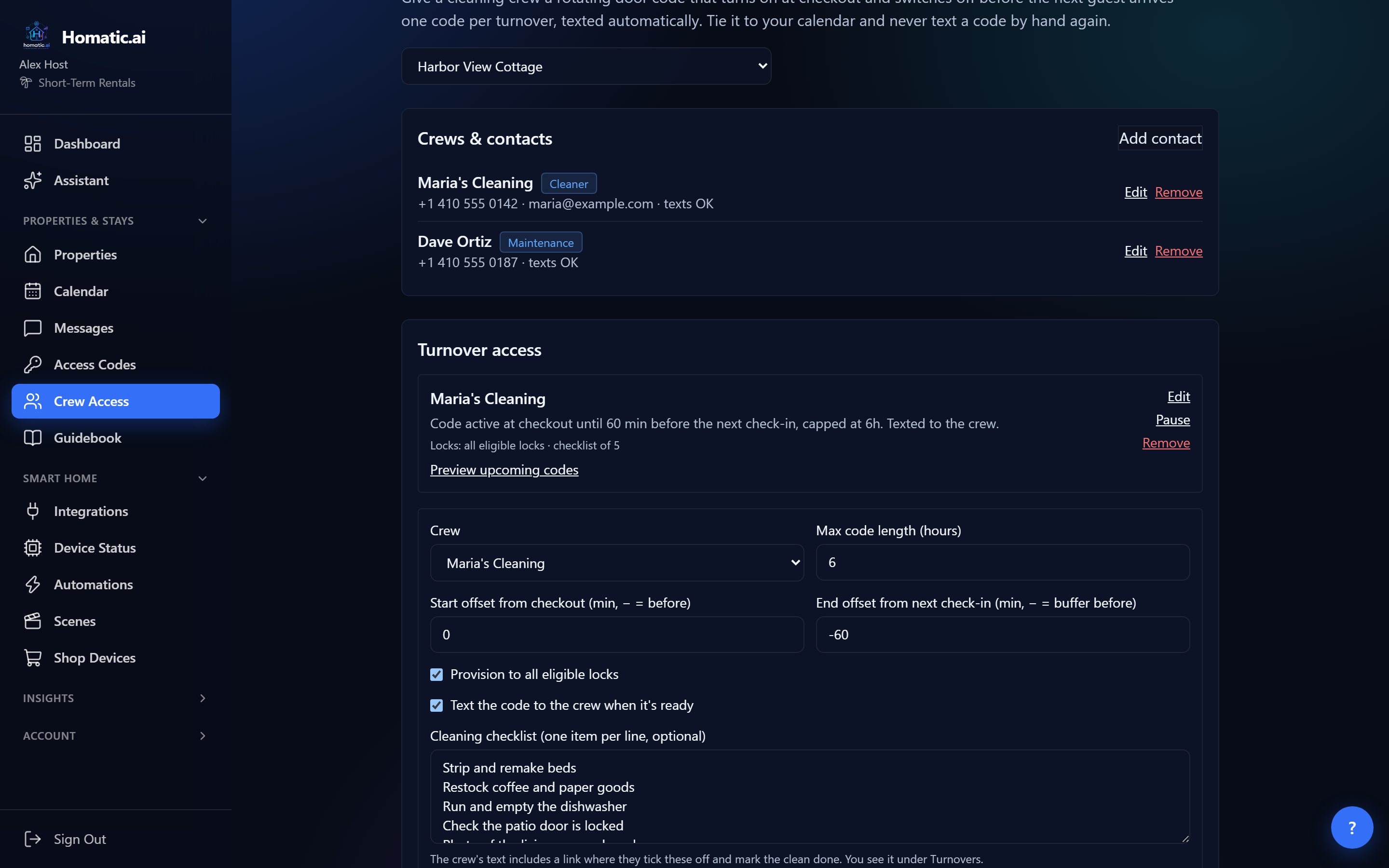 The turnover access form: crew, maximum code length 6 hours, start offset 0, end offset minus 60, all eligible locks, text the code, and a five-item cleaning checklist