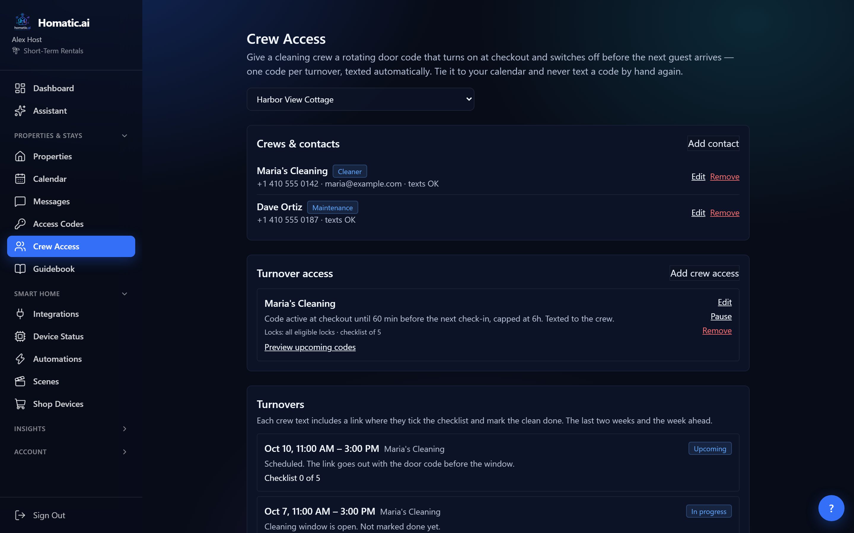 The Crew Access page: two crew contacts, one turnover access rule for Maria's Cleaning, and the Turnovers list