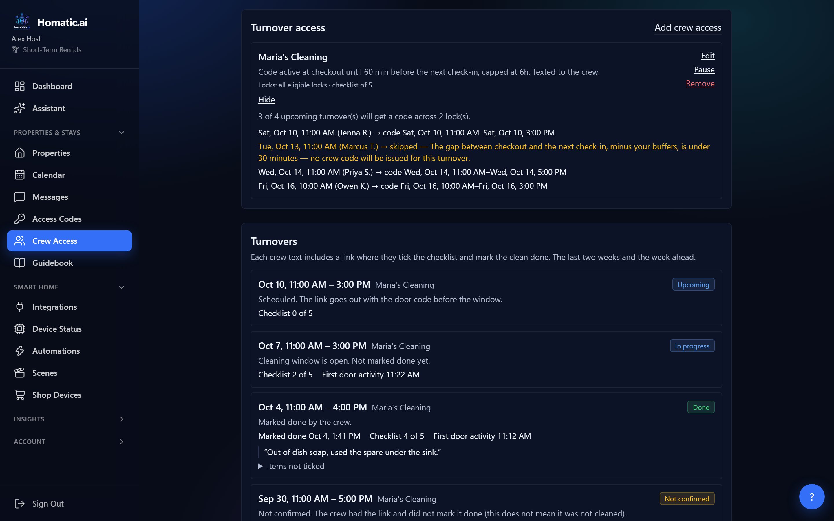 Preview upcoming codes: three of four turnovers get a code across two locks, and one is skipped because the gap is under 30 minutes