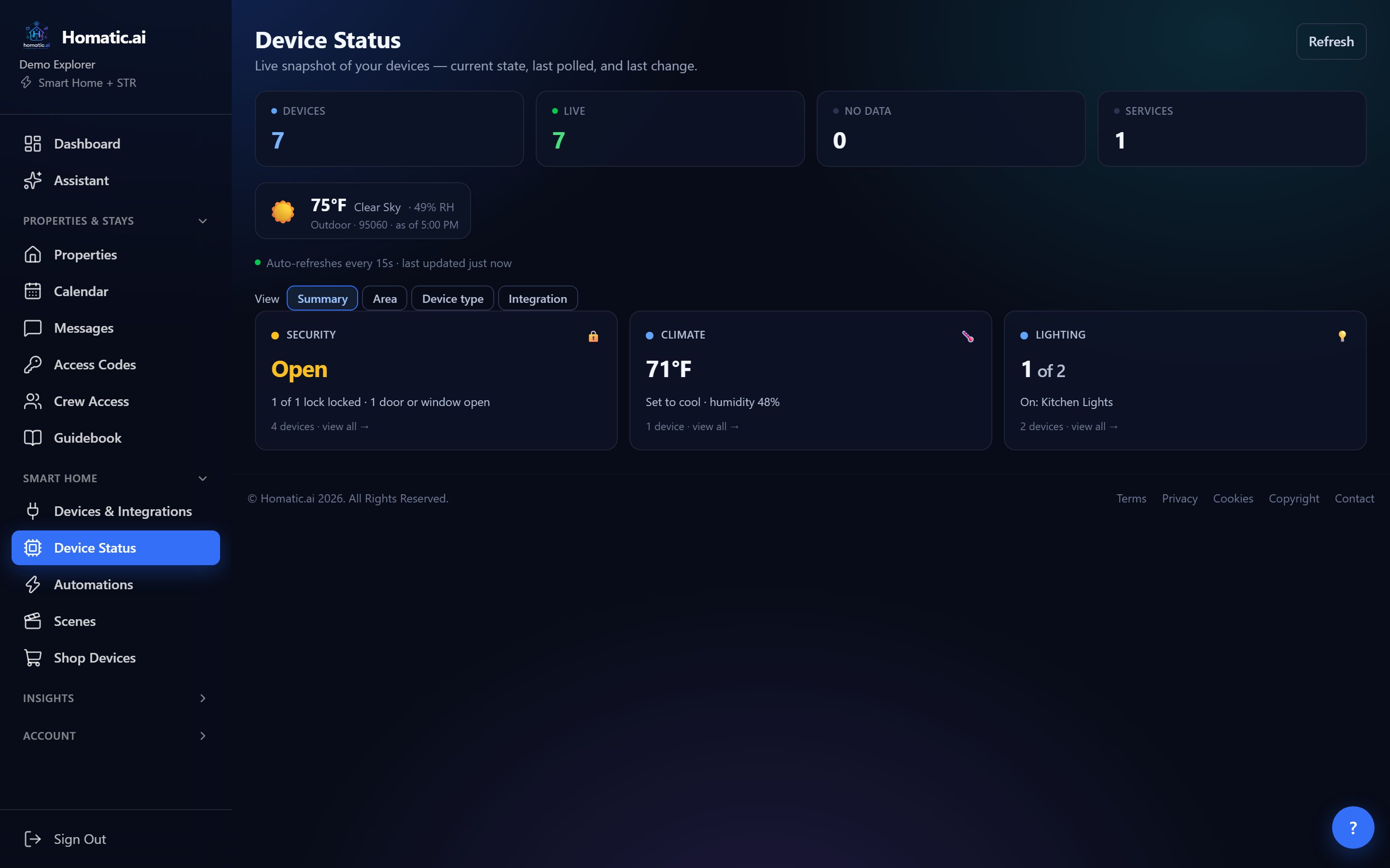 Device Status summary view with Security, Climate and Lighting tiles, device counts and outdoor weather