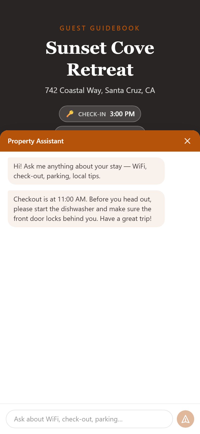The guidebook's Property Assistant answering a guest's question about checkout time