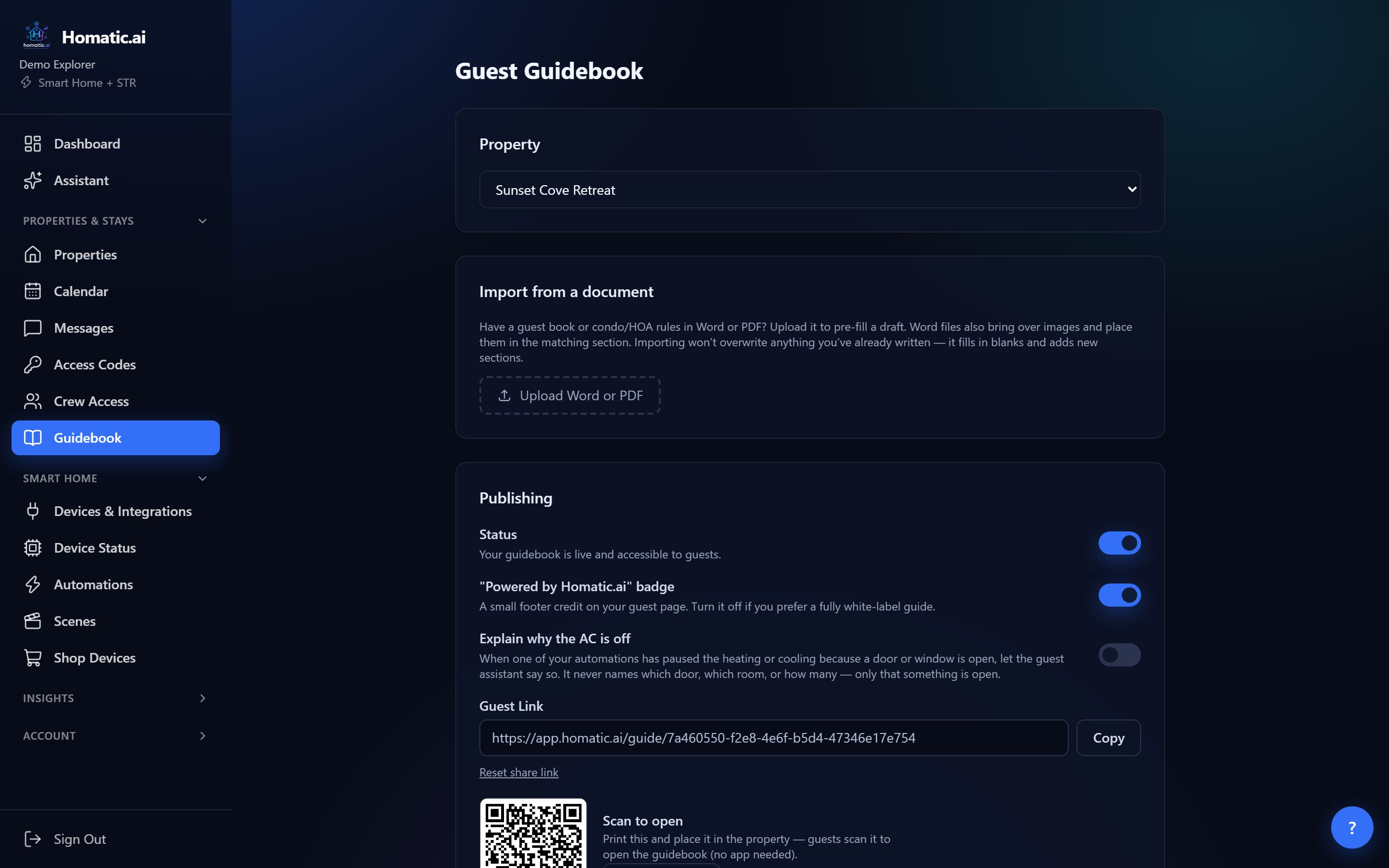 The Guest Guidebook editor: property picker, document import, and the Publishing card with the live status, guest link and QR code