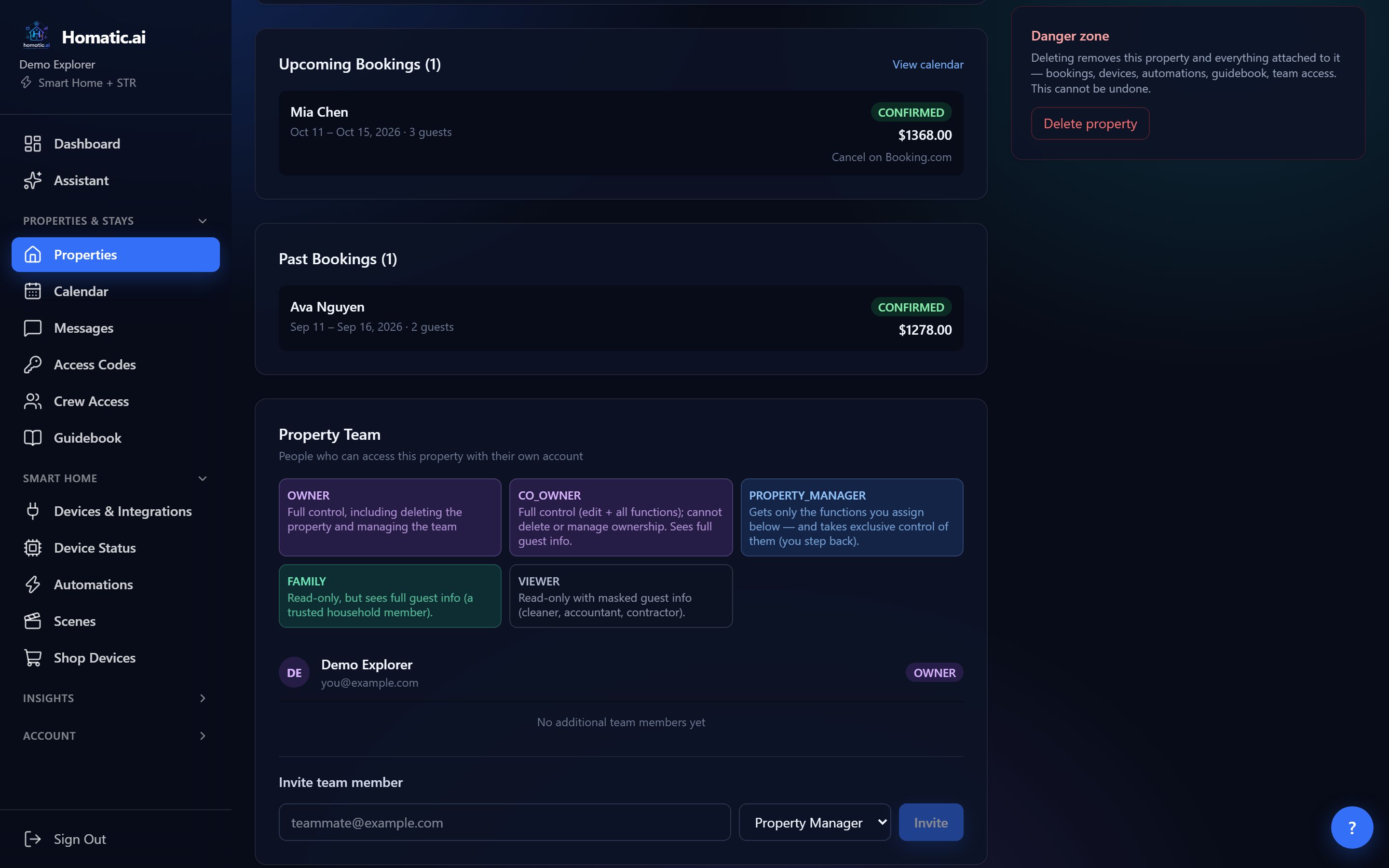 The Property Team card: the five roles explained, the current owner, and the Invite team member form with email and role