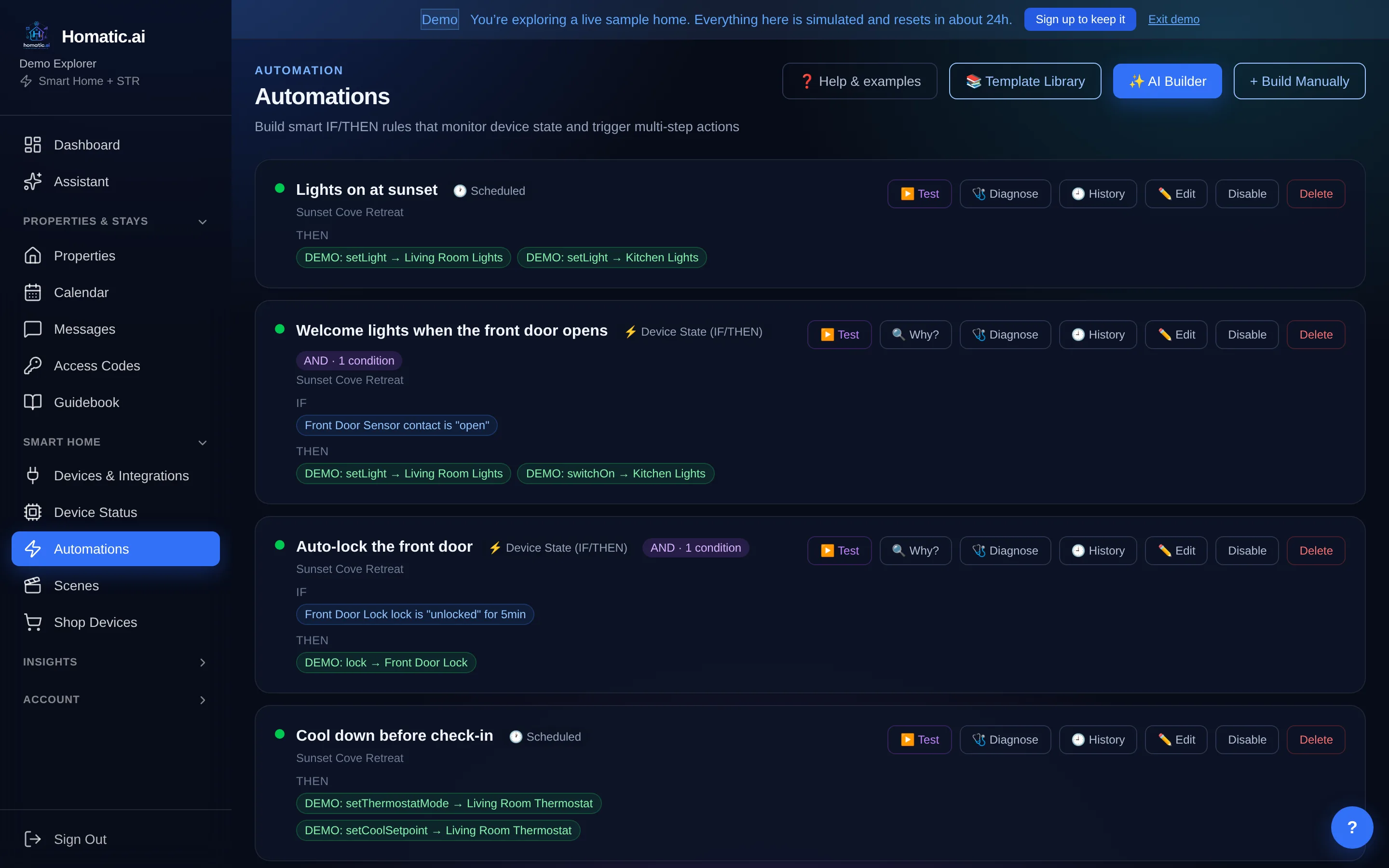 The Automations screen: rules with IF conditions and THEN actions, each with Test, Diagnose and History controls