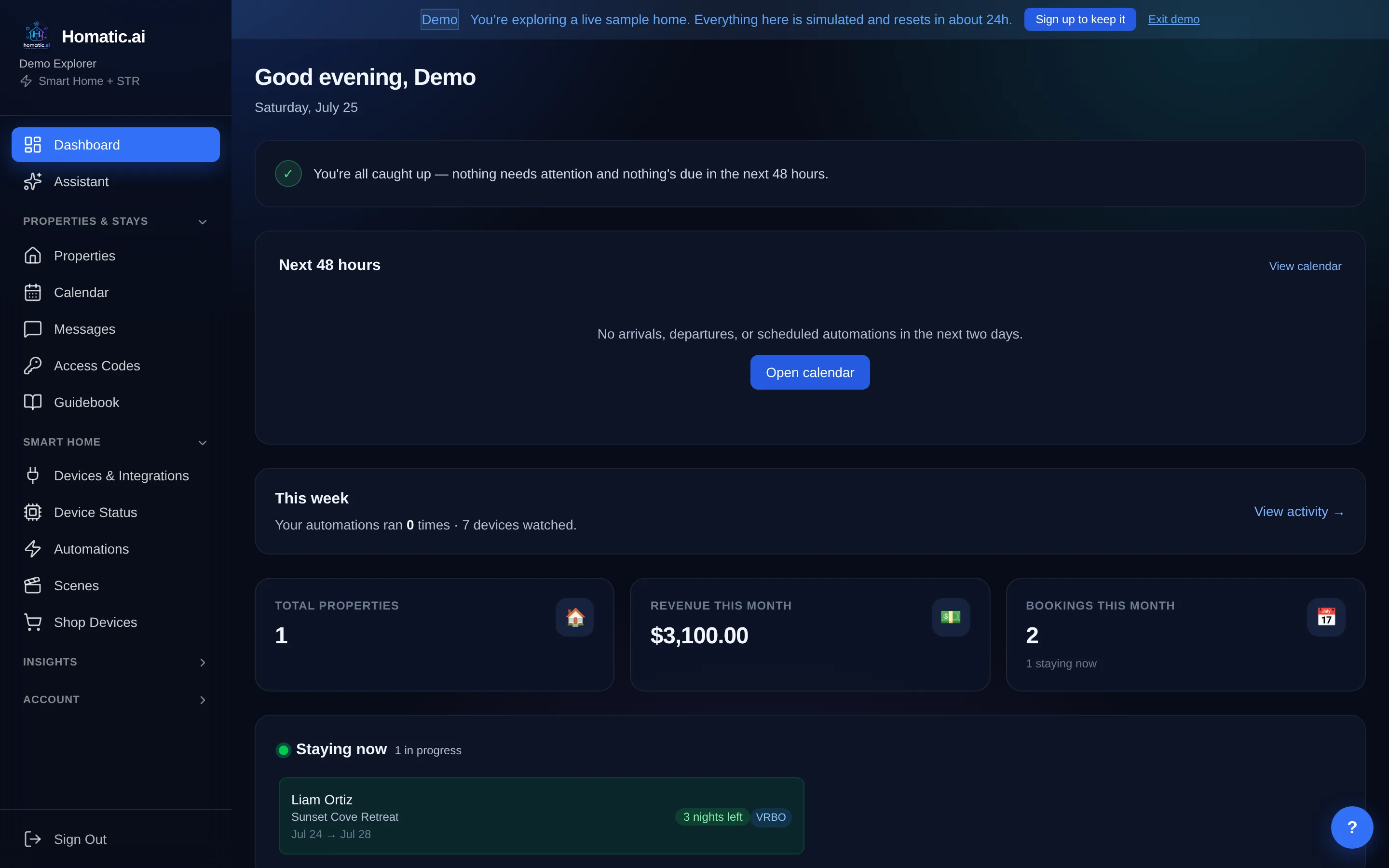 The Dashboard: next 48 hours, this week's automation activity, properties, revenue and bookings